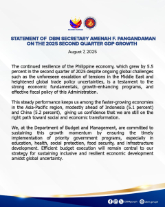 Statement of  DBM Secretary Amenah F. Pangandaman on the 2025 Second Quarter GDP Growth 