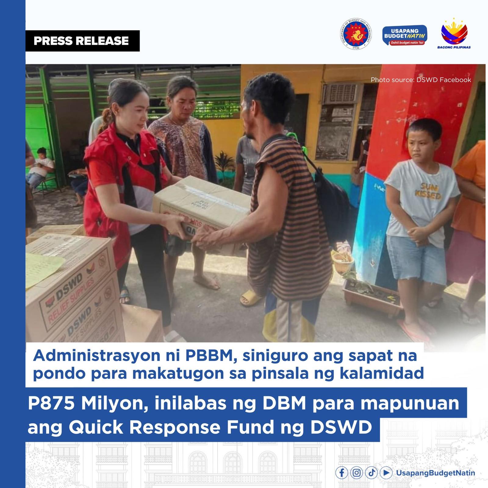 DBM releases P875 million to replenish DSWD's Quick Response Fund